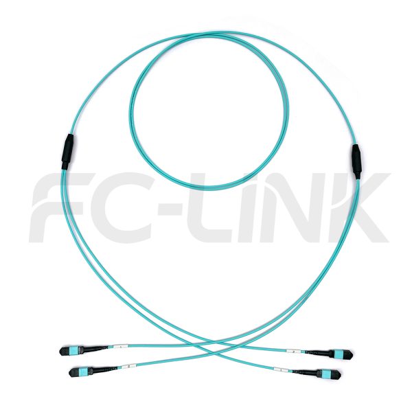 MPO Breakout Cable, 2 x MPO-12 PC/APC(Female/Male) to 2 x MPO-12 PC/APC(Female/Male), 24 Fibers, Multimode(OM3),0.35dB Max, Aqua