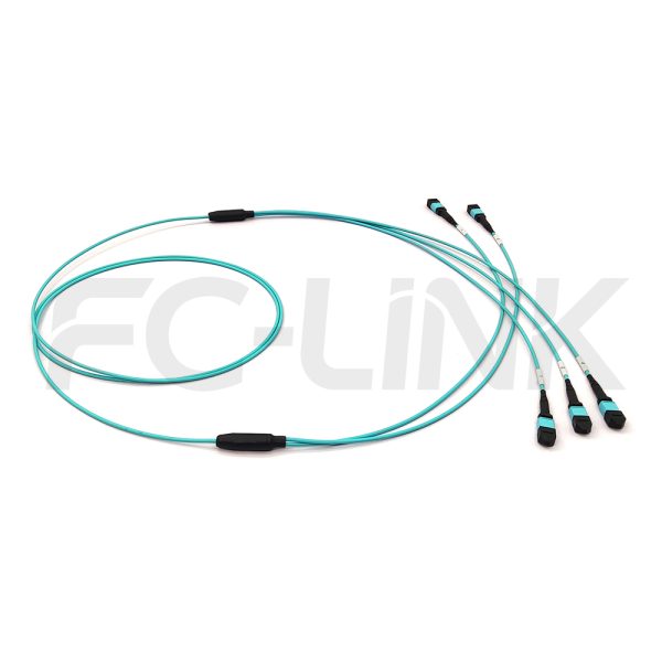 MPO Breakout Cable, 2 x MPO-12 PC/APC(Female/Male) to 3 x MPO-8 PC/APC(Female/Male), 24 Fibers, Multimode(OM3),0.35dB Max, Aqua