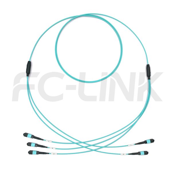 MPO Breakout Cable, 2 x MPO-12 PC/APC(Female/Male) to 3 x MPO-8 PC/APC(Female/Male), 24 Fibers, Multimode(OM3),0.35dB Max, Aqua