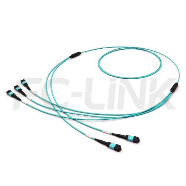MPO Breakout Cable, 2 x MPO-12 PC/APC(Female/Male) to 3 x MPO-8 PC/APC(Female/Male), 24 Fibers, Multimode(OM3),0.35dB Max, Aqua