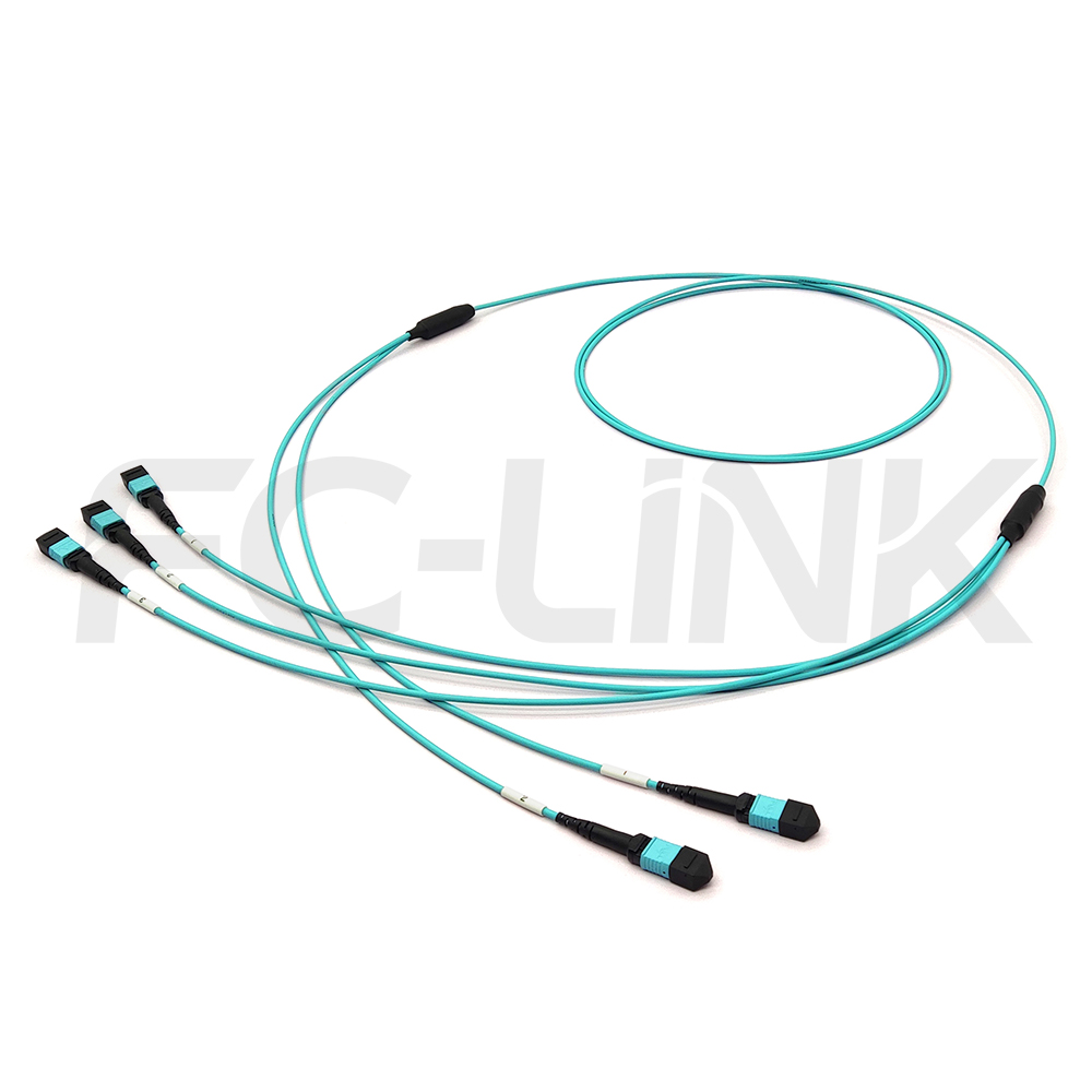 2-mpo12-3-mpo8-om3-mm-breakout-cable-main-1 MPO Breakout Cable, 2 x MPO-12 PC/APC(Female/Male) to 3 x MPO-8 PC/APC(Female/Male), 24 Fibers, Multimode(OM3),0.35dB Max, Aqua
