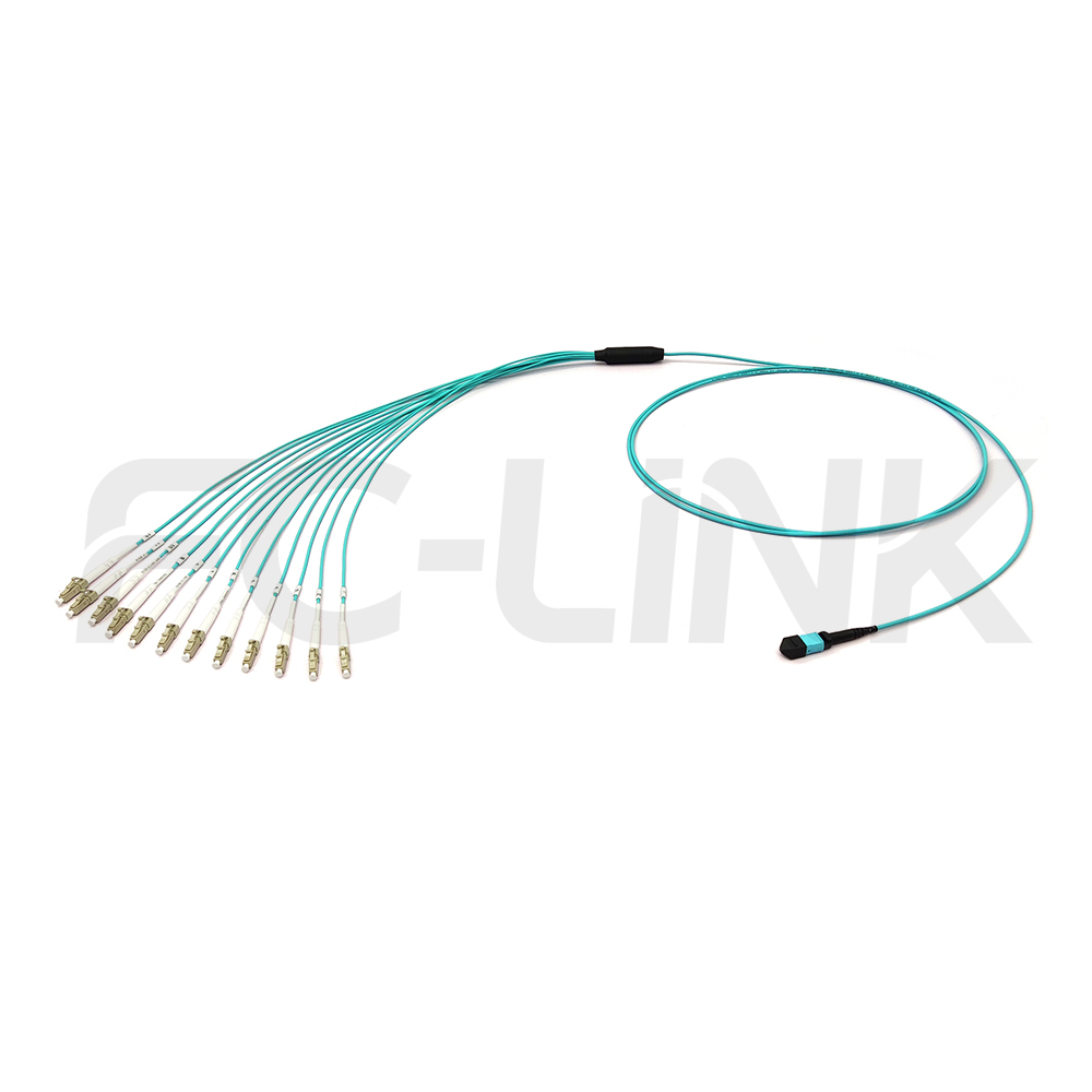 MPO Harness Cable, MPO-12 PC/APC(Female/Male) to LC PC/APC, 12 Fibers, Multimode(OM3), 0.35dB Max, Type A/AF/B/U, Aqua