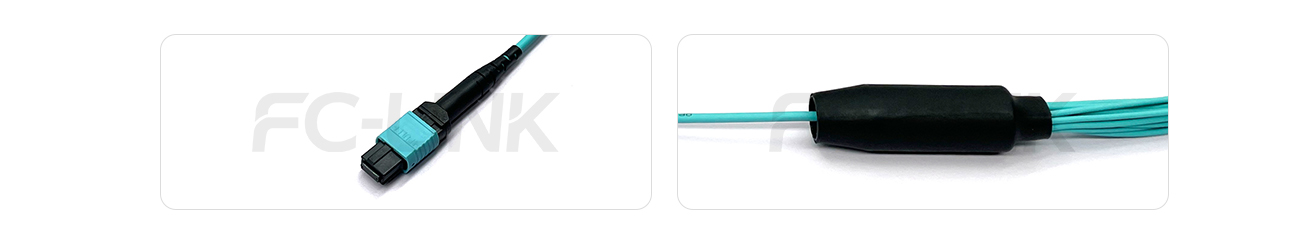 MPO Harness Cable, MPO-16 PC/APC(Female/Male) to LC PC/APC, 16 Fibers, Multimode(OM3), 0.35dB Max, Type B, Aqua
