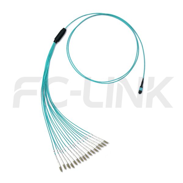 mpo-16-fibers-om3-mm-harness-cable-gallery-5 MPO Harness Cable, MPO-16 PC/APC(Female/Male) to LC PC/APC, 16 Fibers, Multimode(OM3), 0.35dB Max, Type B, Aqua