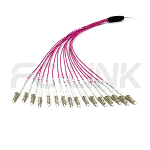 mpo-16-fibers-om4-mm-harness-cable-gallery-3 MPO Harness Cable, MPO-16 PC/APC(Female/Male) to LC PC/APC, 16 Fibers, Multimode(OM4), 0.35dB Max, Type B, Aqua/Violet