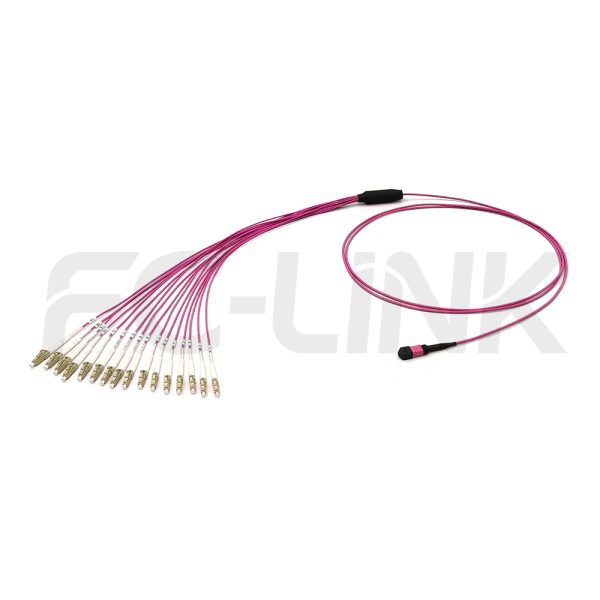mpo-16-fibers-om4-mm-harness-cable-main-1 MPO Harness Cable, MPO-16 PC/APC(Female/Male) to LC PC/APC, 16 Fibers, Multimode(OM4), 0.35dB Max, Type B, Aqua/Violet