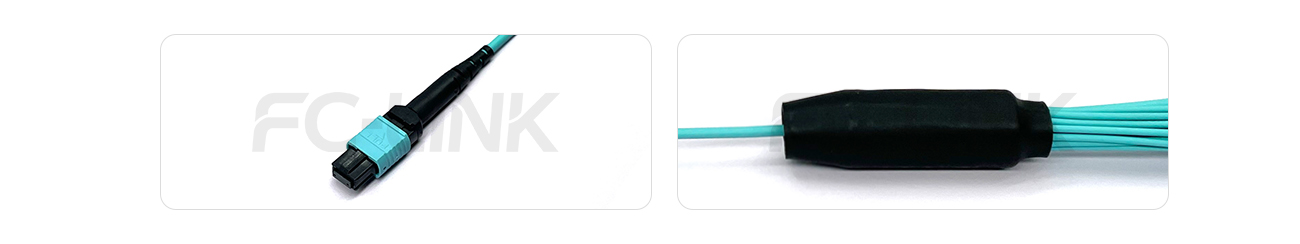 MPO Harness Cable, MPO-24 PC/APC(Female/Male) to LC PC/APC, 24 Fibers, Multimode(OM3), 0.35dB Max, Type A/B/C/U, Aqua
