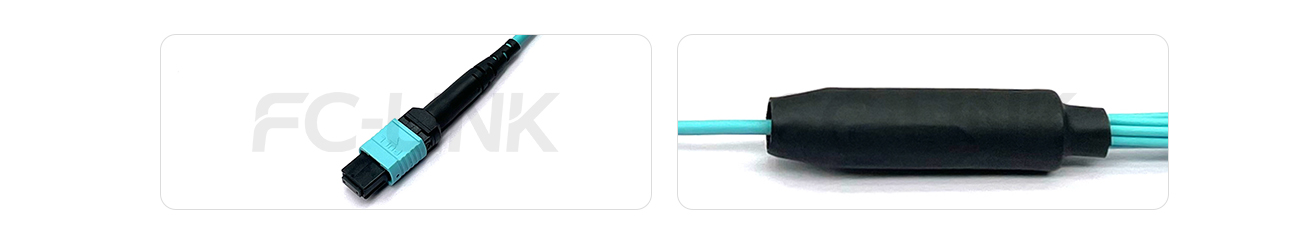 MPO Harness Cable, MPO-8 PC/APC(Female/Male) to LC PC/APC, 8 Fibers, Multimode(OM3), 0.35dB Max, Type A/AF/B/U, Aqua