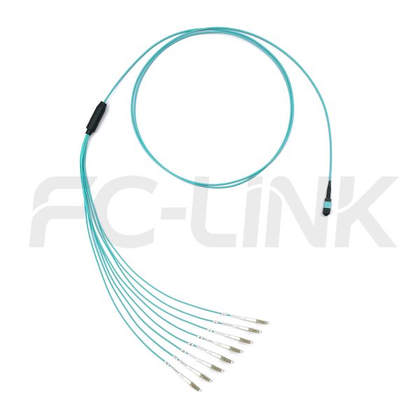 mpo-8-fibers-om3-mm-harness-cable-gallery-5 MPO Harness Cable, MPO-8 PC/APC(Female/Male) to LC PC/APC, 8 Fibers, Multimode(OM3), 0.35dB Max, Type A/AF/B/U, Aqua