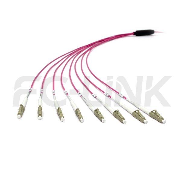 MPO Harness Cable, MPO-8 PC/APC(Female/Male) to LC PC/APC, 8 Fibers, Multimode(OM4), 0.35dB Max, Type A/AF/B/U, Aqua/Violet