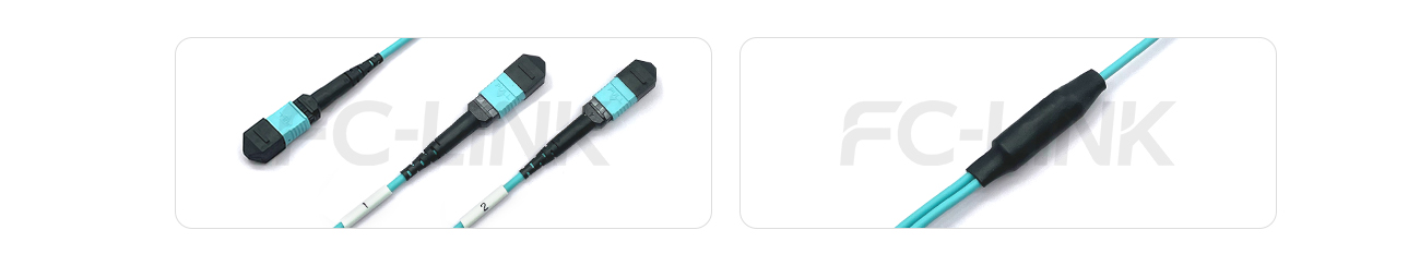MPO Breakout Cable, MPO-16 PC/APC(Female/Male) to 2 x MPO-8 PC/APC(Female/Male), 16 Fibers, Multimode(OM3),0.35dB Max, Aqua