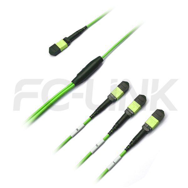 mpo24-3-mpo8-om5-mm-breakout-cable-gallery-1 MPO Breakout Cable, MPO-24 PC/APC(Female/Male) to 3 x MPO-8 PC/APC(Female/Male), 24 Fibers, Multimode(OM5),0.35dB Max, Lime Green