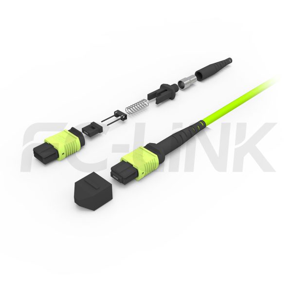 mpo24-3-mpo8-om5-mm-breakout-cable-gallery-3 MPO Breakout Cable, MPO-24 PC/APC(Female/Male) to 3 x MPO-8 PC/APC(Female/Male), 24 Fibers, Multimode(OM5),0.35dB Max, Lime Green