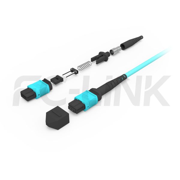 mpo8-2-mpo4-om3-mm-breakout-cable-gallery-3 MPO Breakout Cable, MPO-8 PC/APC(Female/Male) to 2 x MPO-4 PC/APC(Female/Male), 8 Fibers, Multimode(OM3),0.35dB Max, Aqua