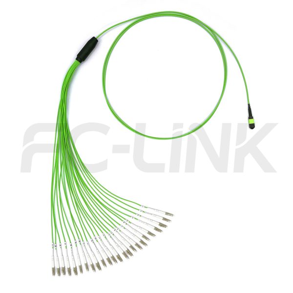 组6 MPO Harness Cable, MPO-24 PC/APC(Female/Male) to LC PC/APC, 24 Fibers, Multimode(OM5), 0.35dB Max, Type A/B/C/U, Lime Green