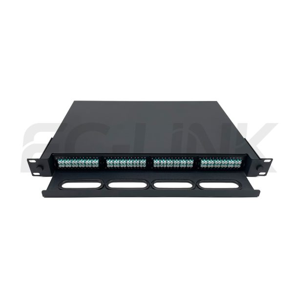 MPO 1U Rack Mount Fiber Enclosure with 4 Plastic Cassettes(4pcs of 24 Fibers MPO to LC Fiber Patch Cord), 96 Fibers, Sliding Type