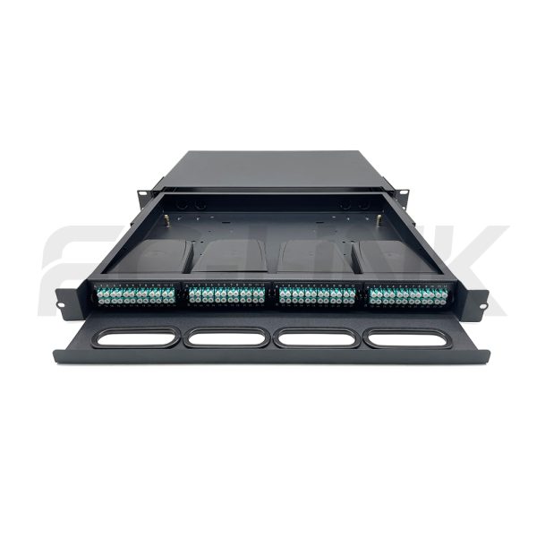 MPO 1U Rack Mount Fiber Enclosure with 4 Plastic Cassettes(4pcs of 24 Fibers MPO to LC Fiber Patch Cord), 96 Fibers, Sliding Type