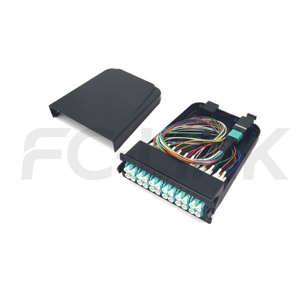 MPO 1U Rack Mount Fiber Enclosure with 4 Plastic Cassettes(4pcs of 24 Fibers MPO to LC Fiber Patch Cord), 96 Fibers, Sliding Type