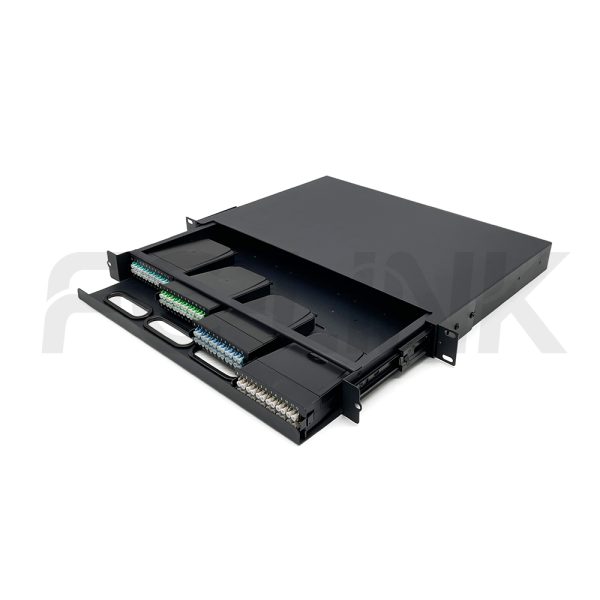 MPO 1U Rack Mount Fiber Enclosure with 4 Plastic Cassettes(4pcs of 24 Fibers MPO to LC Fiber Patch Cord), 96 Fibers, Sliding Type