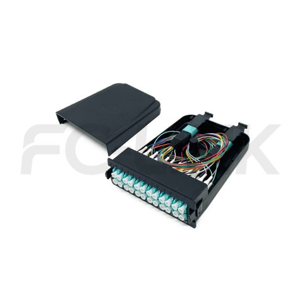 MPO 1U Rack Mount Fiber Enclosure with 4 Plastic Cassettes(8pcs of 12 Fibers MPO to LC Fiber Patch Cord), 96 Fibers, Sliding Type