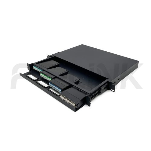 1u-96fibers-enclosure-4-plastic-8pcs-mpo12-lc-sliding-main-1 MPO 1U Rack Mount Fiber Enclosure with 4 Plastic Cassettes(8pcs of 12 Fibers MPO to LC Fiber Patch Cord), 96 Fibers, Sliding Type