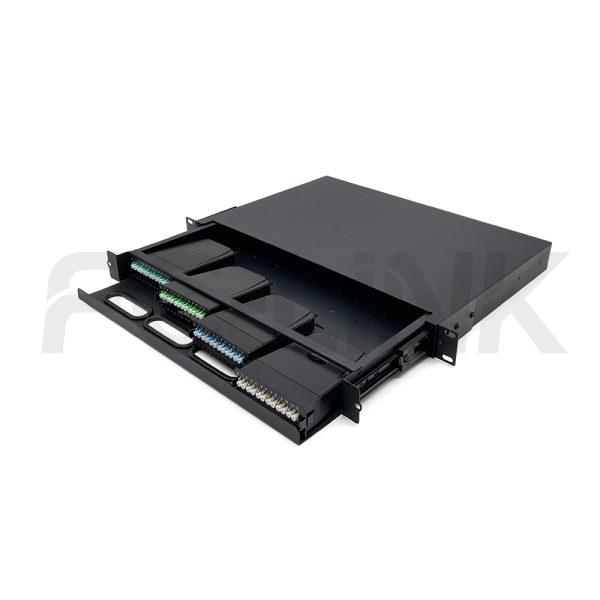 MPO 1U Rack Mount Fiber Enclosure with 4 Plastic Cassettes(4pcs of 12 Fibers MPO to LC Fiber Patch Cord), 48 Fibers, Sliding Type