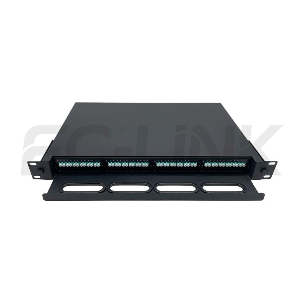MPO 1U Rack Mount Fiber Enclosure with 4 Plastic Cassettes(4pcs of 12 Fibers MPO to LC Fiber Patch Cord), 48 Fibers, Sliding Type