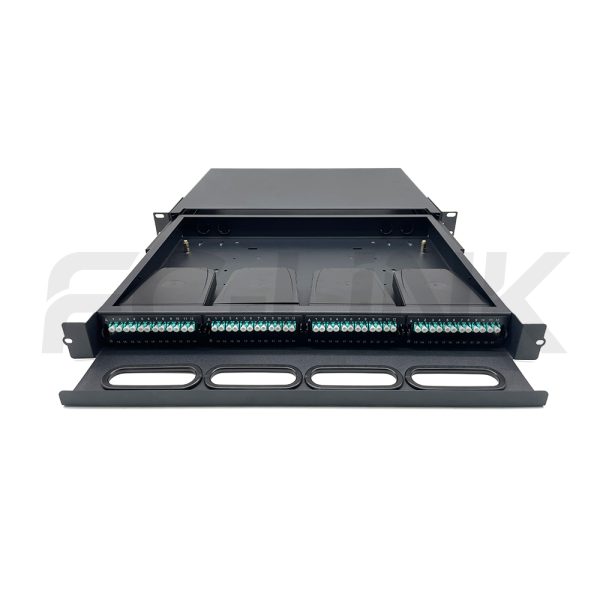 MPO 1U Rack Mount Fiber Enclosure with 4 Plastic Cassettes(4pcs of 12 Fibers MPO to LC Fiber Patch Cord), 48 Fibers, Sliding Type