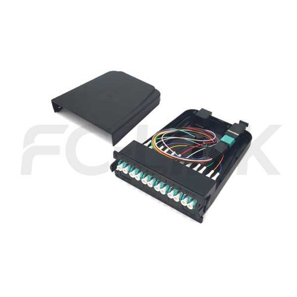 MPO 1U Rack Mount Fiber Enclosure with 4 Plastic Cassettes(4pcs of 12 Fibers MPO to LC Fiber Patch Cord), 48 Fibers, Sliding Type